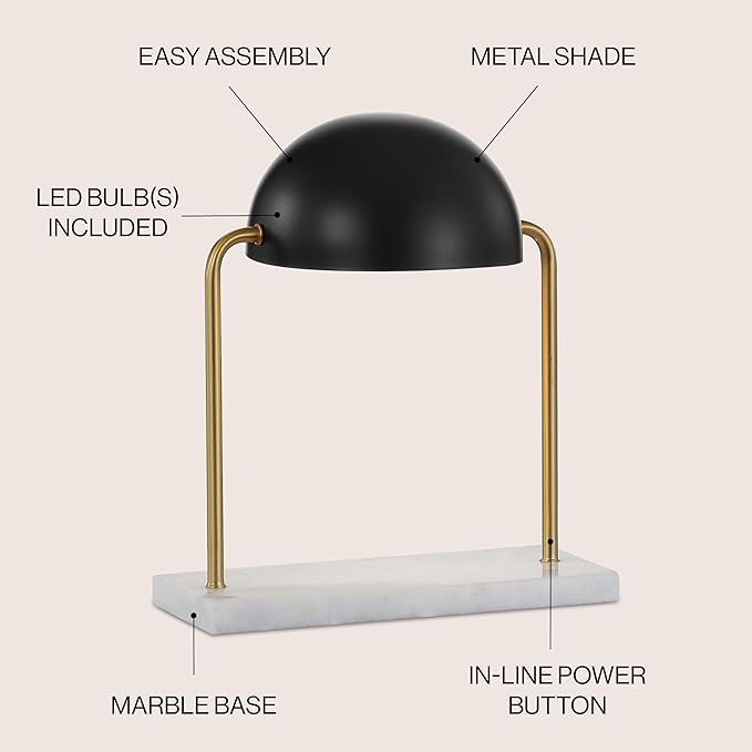 JONATHAN Y 13.5" Brass Gold and Black Art Deco Dome Table Lamp with White Marble Base, Modern Glam Desk Lamp for Living Room, Office, Bedroom, Metal Shade, LED Bulb Included JYL1044A