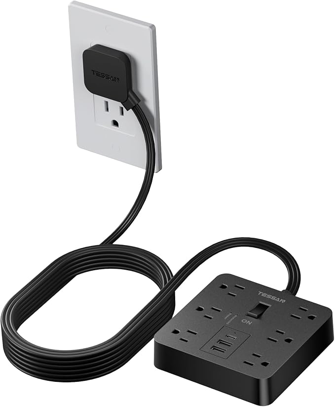 TESSAN Black Surge Protector Power Strip, Flat Plug Extension Cord 5 FT with 6 Outlets 3 USB Charger (1 USB C), 1700J Protection Multiple Outlets Charging Station for Home, Office, College Dorm Room