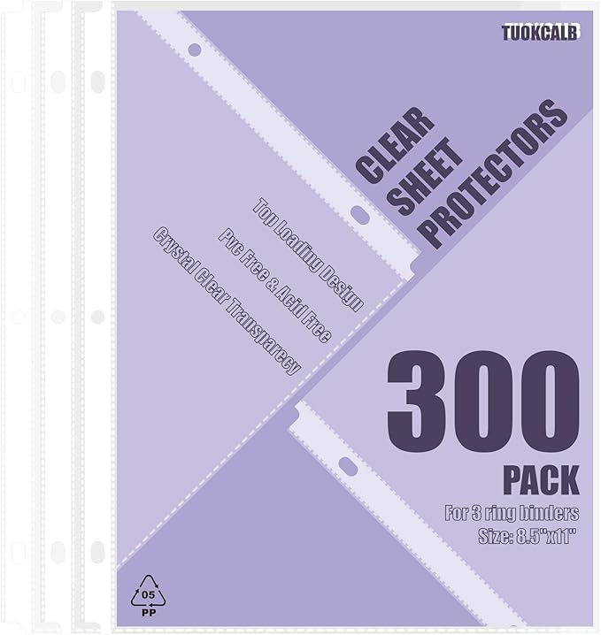 300 Pack Clear Sheet Protectors for 3 Ring Binder, Polypropylene Acid-Free Material, 8.5 x 11 Inch Letter Size, Protector of Your Documents