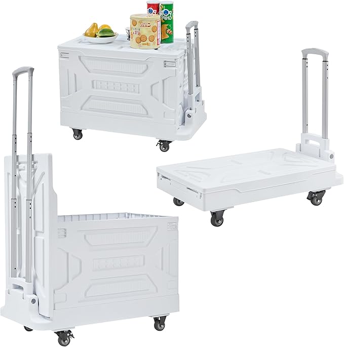 VECELO 23 GAL Modern Rolling Carts with Wheels, Foldable Utility Cart, Light Weight Platform Trucks Dolly, 4 Heavy Duty Wheels, Ideal for Shopping, Camping, Teachers, Pearl White