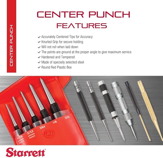 Starrett Steel Center Punch with Square Shank Set and Knurled Finger Grip - Hardened and Tempered, 7-Piece Kit for Accurate Marking and Easy Handling - S264WB