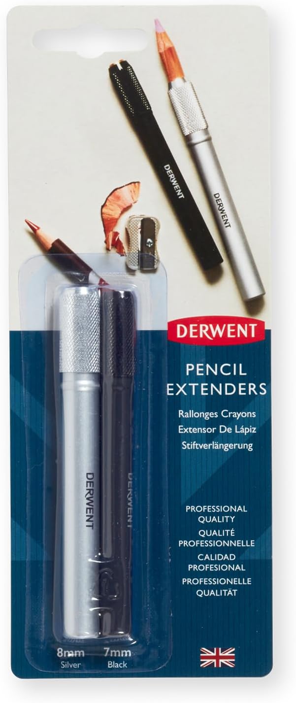 Derwent Pencil Extender Set, Silver and Black, for Pencils up to 8mm, (2300124)