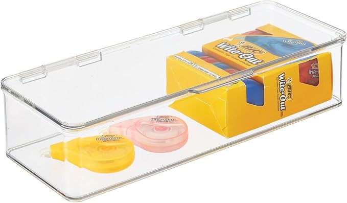 mDesign Office Supplies Desk Organizer Box with Lid for Staplers, Scissors, Pens, Sticky Notes, Highlighters, Tape - 3" Tall, Long, Clear