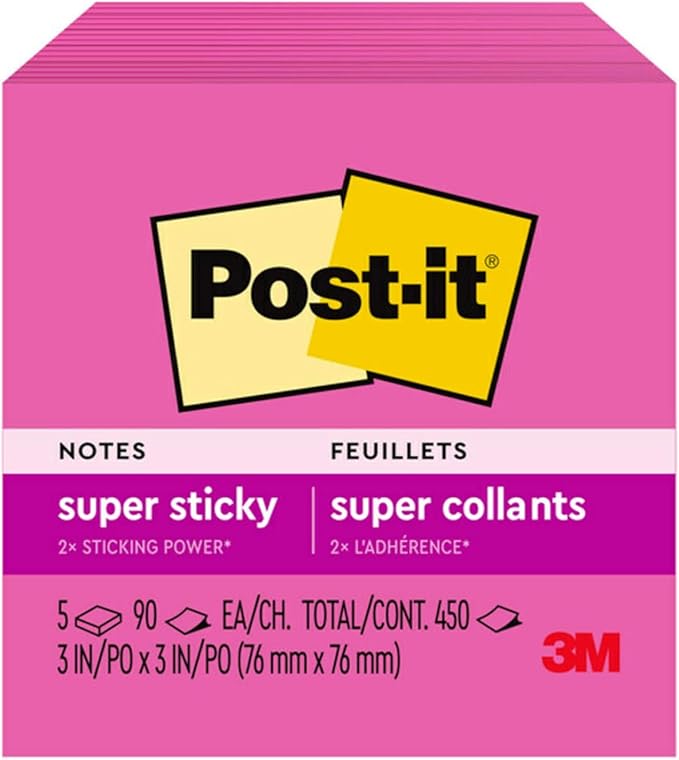 Post-it Super Sticky Notes, 5 Sticky Note Pads, 3 x 3 in., Ideal for Organization in Your Dorm, Home or Office, Single Color Packs Collection, Power Pink