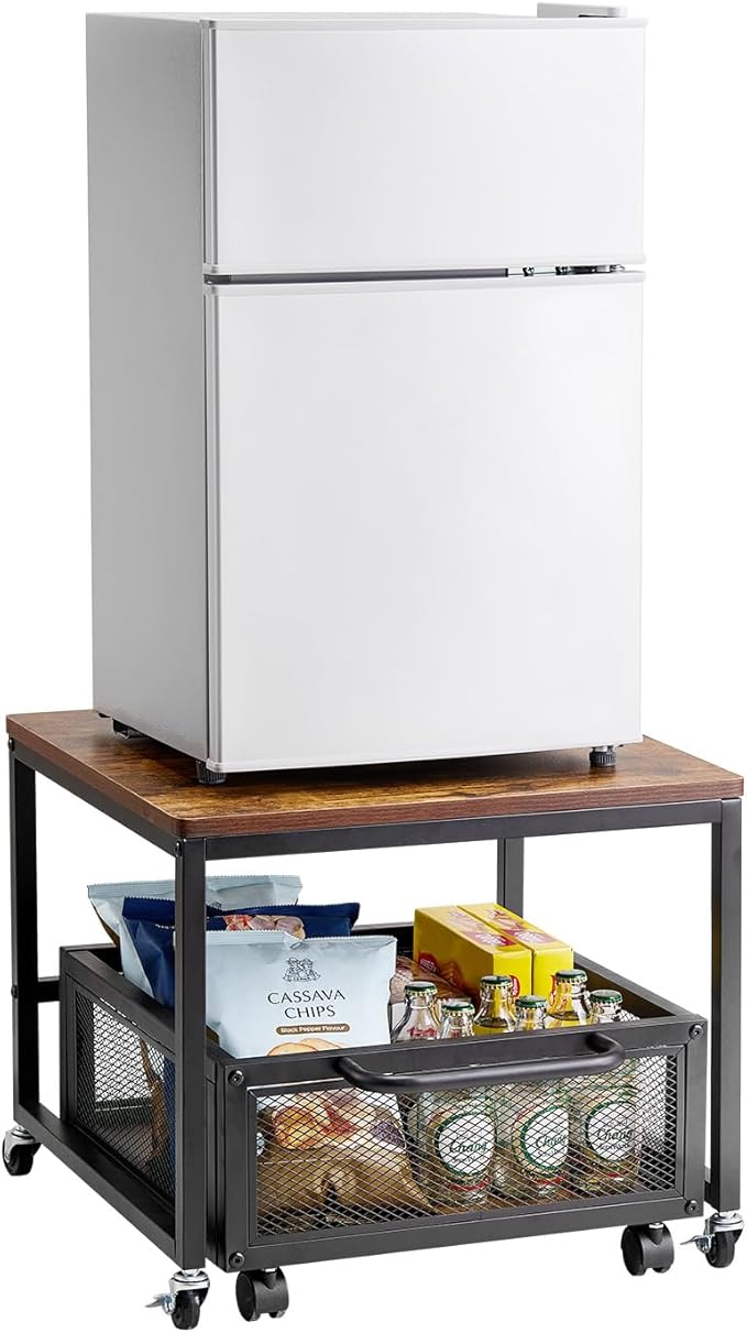 VEVOR Mini Fridge Stand with Storage, 198 lbs Mini Fridge Table with Movable Storage Cart & Swivel Wheels, Beverage Refrigerator Stand for Coffee Bar, Mini Fridge Organizer for Home Dorm, Light Brown