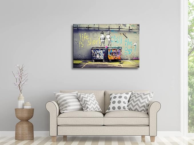 Wieco Art Large Gallery Wrapped Canvas Prints Life is Short Chill the Duck Out Banksy Boys Artwork Reproduction Graffiti Poster Print on Canvas Art for Bedroom Home Kitchen Decorations