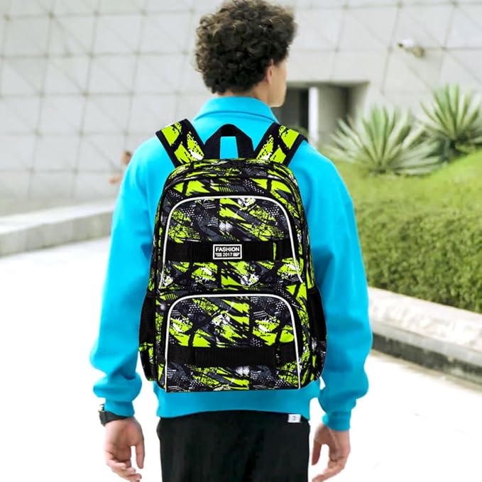 3PCS Bookbag for Boys, 17" Water Resistant School Bag with Lunch Box, Cute School Bag Set for College Teenagers High Middle Elementary - Graffiti Green