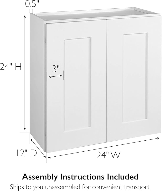 Design House Brookings Shaker Unassembled Wall Kitchen Cabinet W2424, 24 W x 12 D x 24 H, Painted White, Solid Wood, Design House, 561571