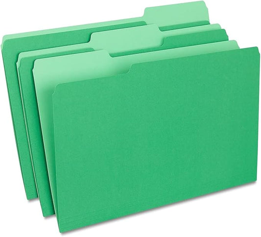 Staples Colored File Folders, Legal Size, 3‑Tab Top‑Tab Design, Green, Durable Paper Stock, 100/Pack
