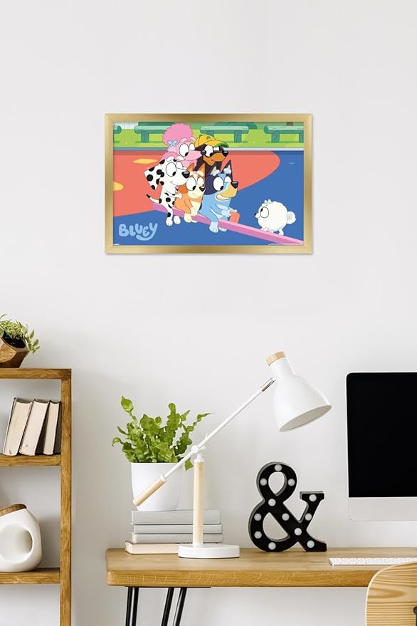 Bluey (2018) - Bluey and Friends See Saw Fun Wall Poster, 22.4L" x 14.7W", Gold Framed Version