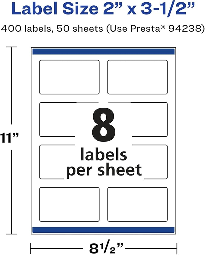 Avery Glossy White Rectangle Labels, Sure Feed Technology, 2" x 3.5", 400 Glossy White Labels, Print-to-The-Edge, Permanent Adhesive, Laser/Inkjet Printable