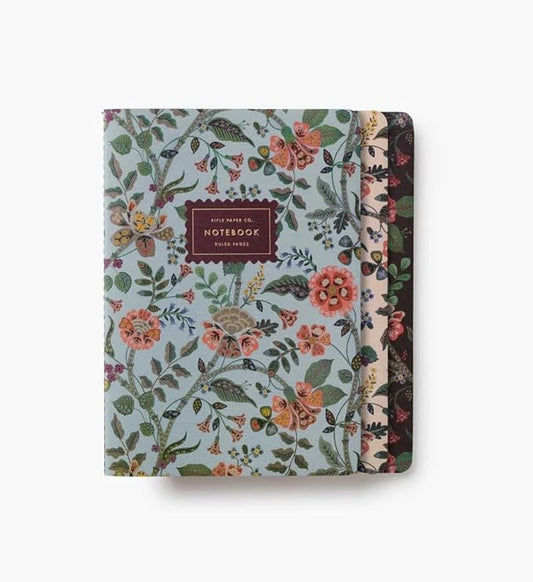 RIFLE PAPER CO. Gracie Stitched Notebook Set, 8.5" L x 6" W, Set Of 3, 64 Ruled Pages With Gold Ink, Full-Color Canvas Cover with White Text Paper Interior