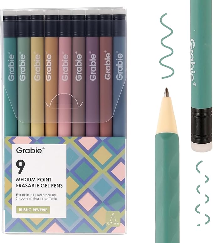 Grabie Erasable Gel Pens, 9 Colors Erasable Pens Multicolor, Make Mistakes Disappear, 0.7mm Medium Point Rollerball Tip Colored Pens for Drawing Writing Planner, Smooth Writing(Rustic Reverie)
