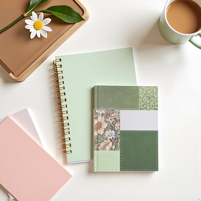 Pearhead Green Patchwork Fabric Hardcover Journal, 6x8 College-Ruled Lined Notebook, 200 Pages, Boho Writing Journal for School, Work & Personal Use