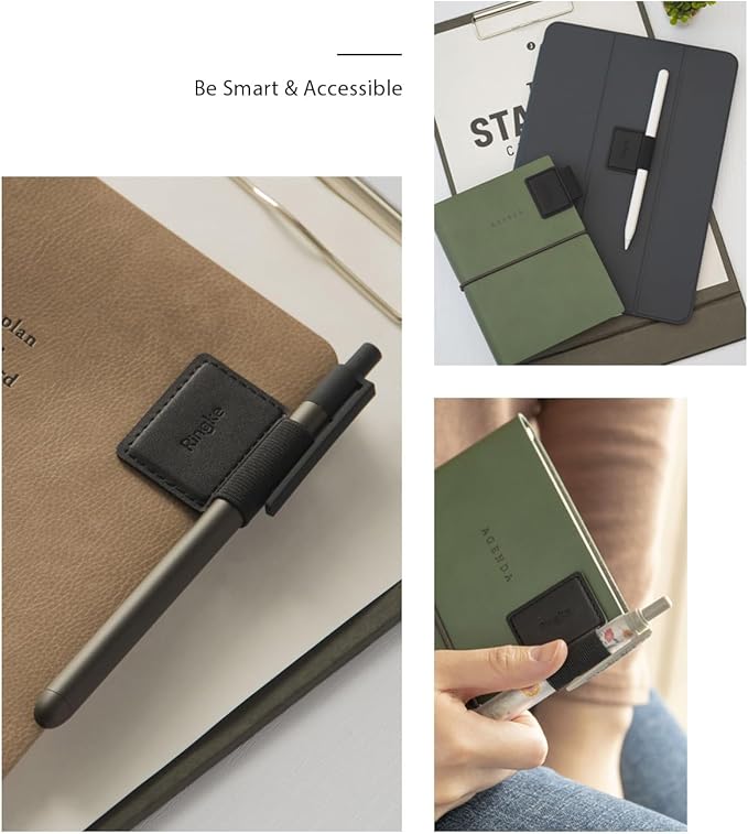 Ringke Pen Holder for Apple Pencil, Journal, Notebooks, and More - 3M Self Adhesive PU Leather Durable Pen Loop with Elastic (3 PACK) - Black