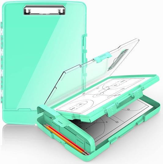 Sooez Original Clipboard with 2 Storage & Pen Holder, Heavy Duty Clip Boards 8.5x11 with Dual Storage, Clearview Dry Erase Coach Clipboard with Real Hinge, High Capacity, School & Office Supplies