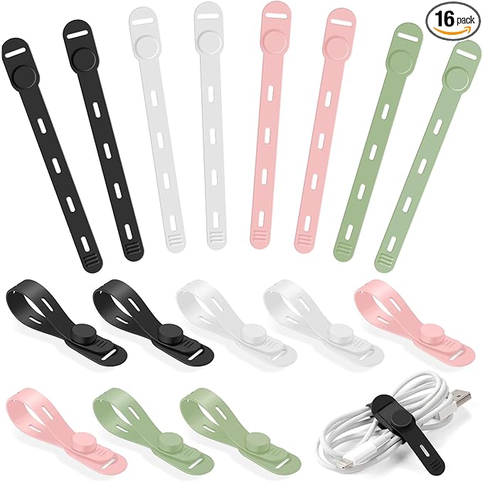 OneLeaf Reusable Silicone Cable Ties, Soft Cord Bundlers for USB Chargers, Kitchen Appliance, Adjustable Wire Management Straps with Secure Buckle, Travel Tech & Cruise Essentials Keepers, Multicolor