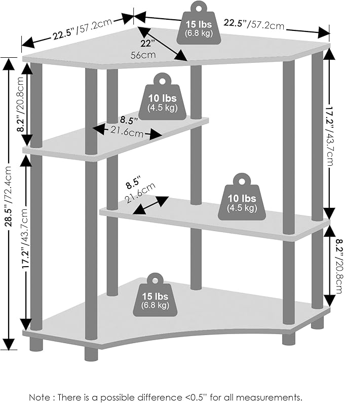 Furinno Turn-N-Tube Storage Shelves, 4-Tier Corner Shelf, Display Rack, Corner Bookshelf, for Organization and Storage, Living Room, Home Office, French Oak