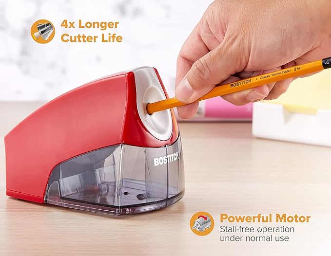 Bostitch Office Electric Pencil Sharpener, Heavy Duty Powerful Stall-Free Motor, High Capacity Shavings Tray, for Office or Classroom, Red