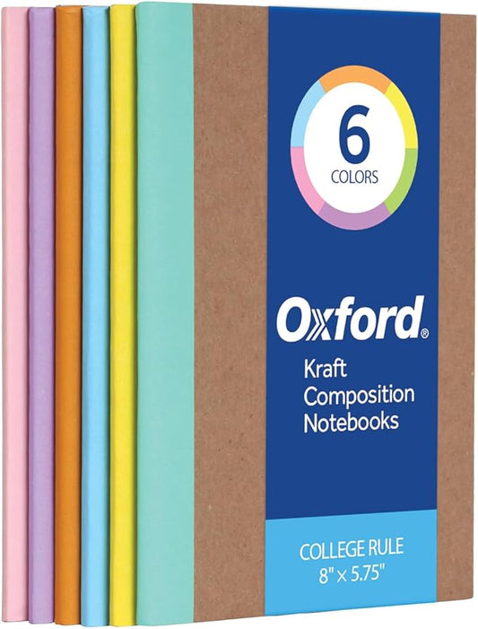 Oxford Composition Notebook, Notebooks for School, School Supplies, College Ruled Paper, 5.75 x 8 Inches, Small Journals, 60 Sheets, Kraft Covers with Assorted Pastel Spines (63832) (Pack of 36)