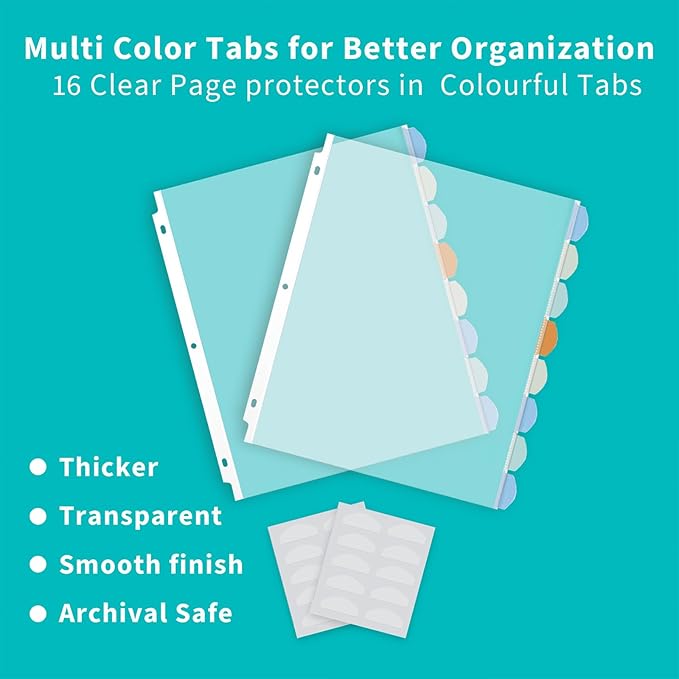 Binditek 16 Pack Heavyduty Clear Sheet Protectors with 8 Tabs, 45 Sheets Capacity, 8.5 x 11 inch Plastic Dividers for 3 Ring Binder, Insertable Index Divider, Letter Size, 2 Set, Label Sticker