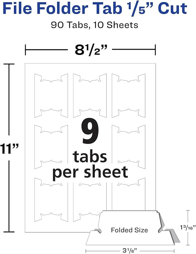 Avery Laser Printable Hanging File Tabs, 1/5-Cut, White, 2.06" Wide, 90/Pack