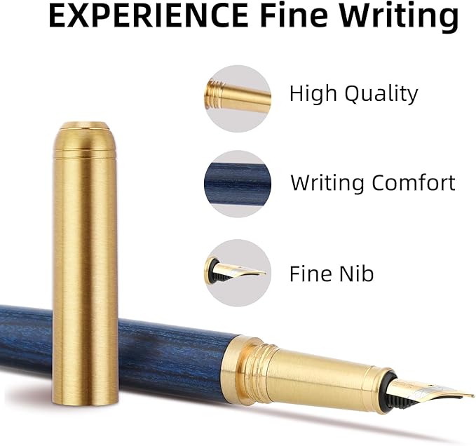 cobee Wooden Fountain Pen, Handcrafted Vintage Luxury 0.5mm Fine Point Business Pen for Smooth Writing, Journaling, Calligraphy Gift Supplies (Blue)