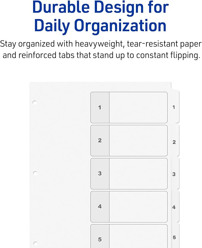 Avery Dividers for 3 Ring Binders, 5 Tabs per Set, Customizable Table of Contents, Classic White Tabs, Great for Organizing Reports, Projects, and More (3 Sets of 11075)