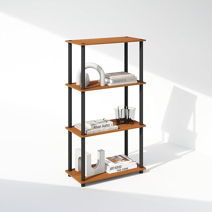 Furinno Turn-N-Tube Book Shelf, 4-Tier Bookshelf, Bookcase with Multipurpose Compact Display Rack, 11.6 x 23.6 x 43.2, for Living Room, Bedroom, Home Office, Light Cherry/Black