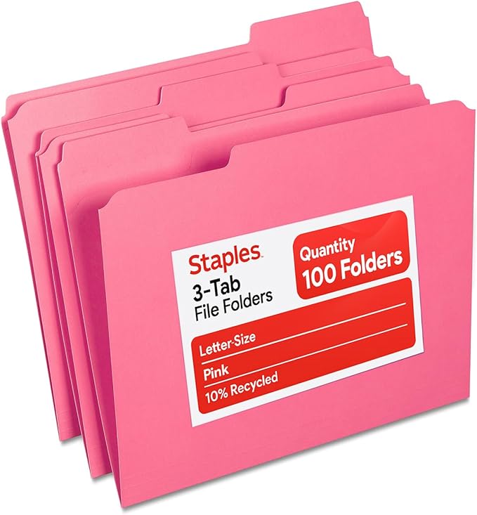 Staples Reinforced Colored File Folders, Letter Size, 3‑Tab Design, Pink, Heavy‑Duty Paper Stock, 100/Pack