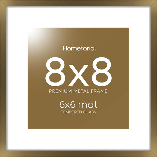 Homeforia 8x8 Picture Frames Bronze, High End Metal 8 x 8 Square Photo Frame with Mat 6 by 6, 8x8 Brass Frame Matted to 6x6 inch Print, 8by8 Wall or Tabletop Frames, Tempered Glass, Wall Kit, Set of 1