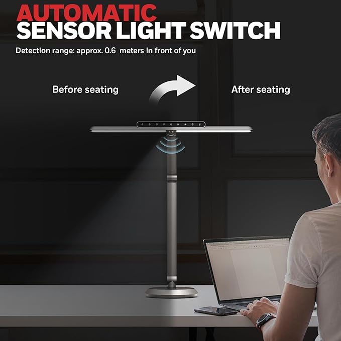 Honeywell Desk Lamp for Home Office, H9 Sunturalux™ Eye-Caring LED Desk Light, 1000LM Dimmable Desk Lamp with Timer and Auto-Sensing, Adjustable Desk Reading Light or Study, Cumputer, Architect