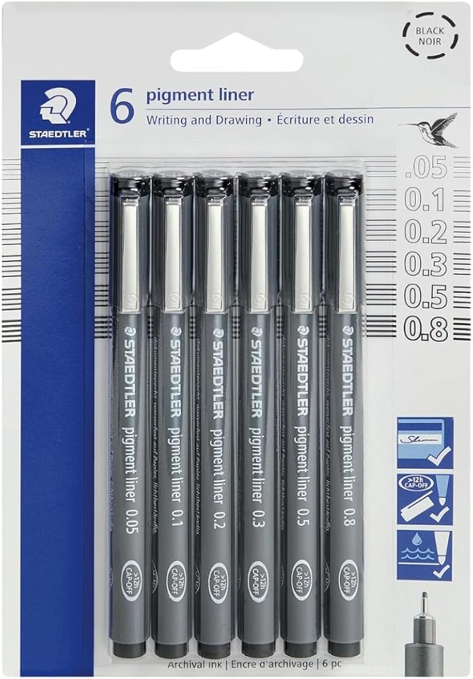 STAEDTLER Pigment Liner 15-Pack (15 sets of 6 pcs), Black, 6 Pens, Assorted Line Widths, 0.05mm, 0.1mm, 0.2mm, 0.3mm, 0.5mm, 0.8mm, 90 Count
