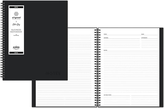 Blue Sky Aligned Notes Professional Business Notebook, Flexible Cover, Twin-Wire Binding, Perforated Pages, 8.5" x 11", Black