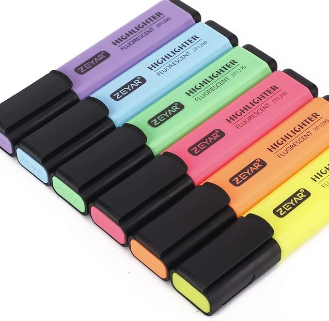 ZEYAR Highlighter, Chisel Tip Marker Pen, AP Certified, Assorted Colors, Water Based, Quick Dry (6 Candy Colors)