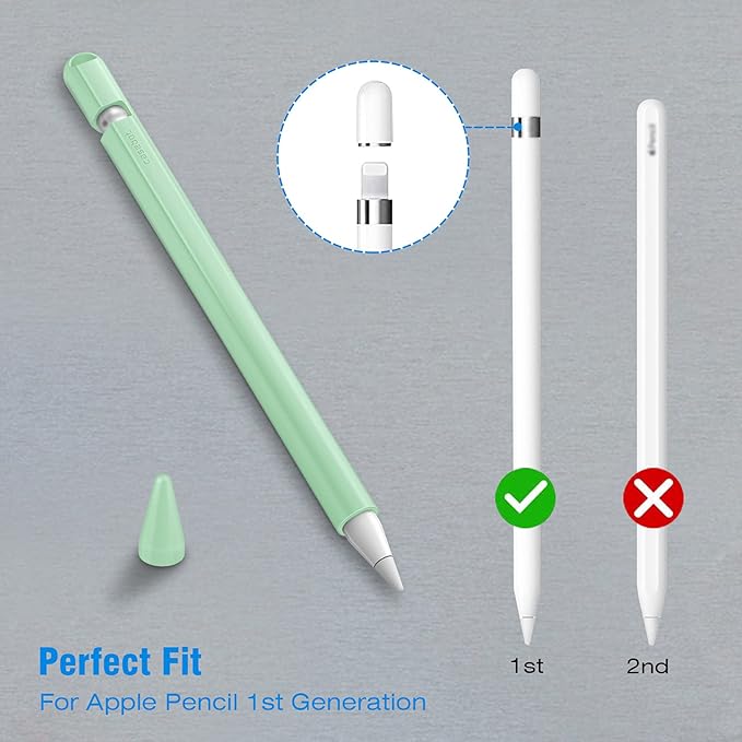Fintie Silicone Sleeve Compatible with Apple Pencil 1st Generation, Ultra Light Pen Skin Case Cover Soft Protective Pencil Grip Holder with 2 Nib Covers & Cable Adapter Tether, Green