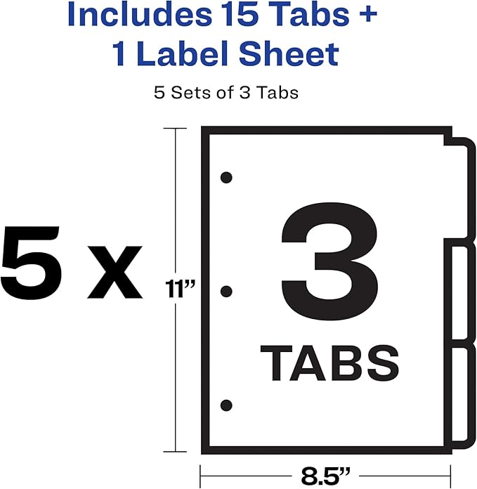 Avery 3-Tab Dividers for 3 Ring Binder, Easy Print & Apply Clear Label Strip, Index Maker Customizable White Tabs, 5 Sets (11435)