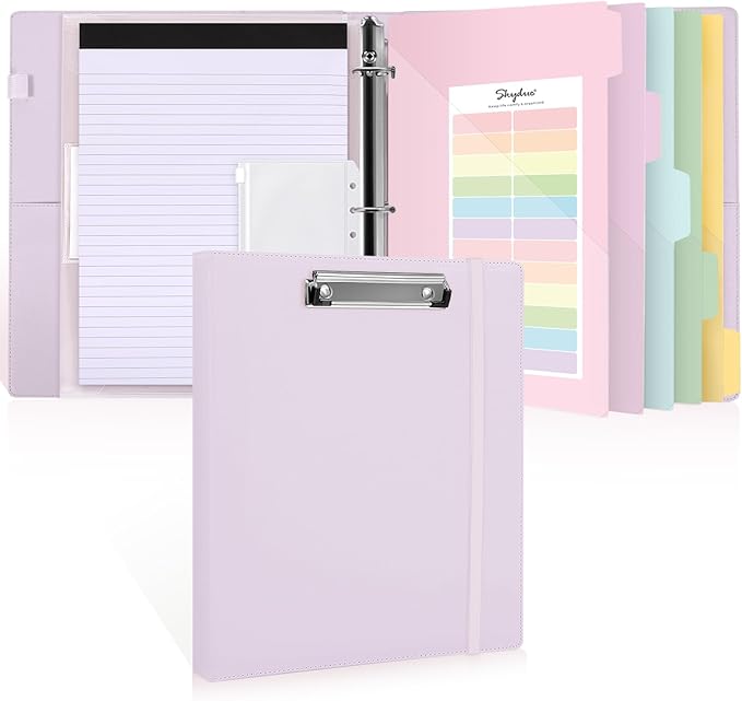 SKYDUE 3 Ring Binder with Clipboard 1 Inch, 13.2" × 10.2" PU Clipboard Binder with Notepad & 5 Dividers with 5 Pockets, Labels, Clipboard Folder Great for School Office(Fit Letter Sized Paper)
