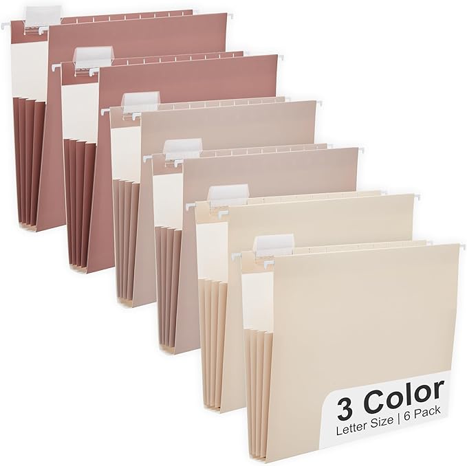 Y YOMA Letter Size - 6 Pack Extra Capacity Hanging File Folders Accordion Decorative File Folder Cute Colored Hanging Folder Organizer for Office Home with 1/5-Cut Adjustable Tabs, Mocha Color