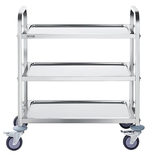VEVOR Stainless Steel Cart, 3 Layers Lab Utility Cart 400 lbs Weight Capacity, Medical Cart with Lockable Universal Wheels, for Lab, Clinic, Kitchen, Salon