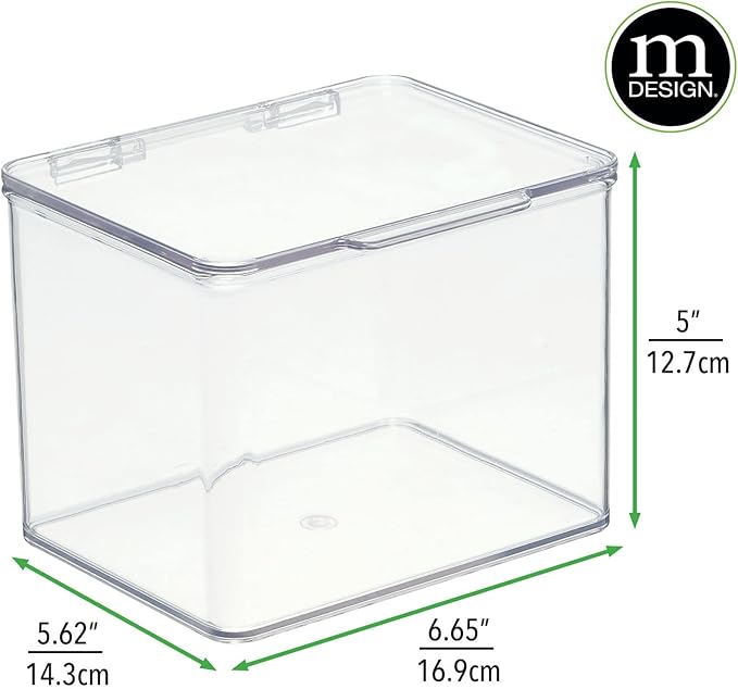mDesign Small Plastic Home Office Storage Organizer Box Containers with Hinged Lid for Desktops - Holds Pens, Pencils, Sticky Notes, Highlighters, Staples, and Supplies - Clear