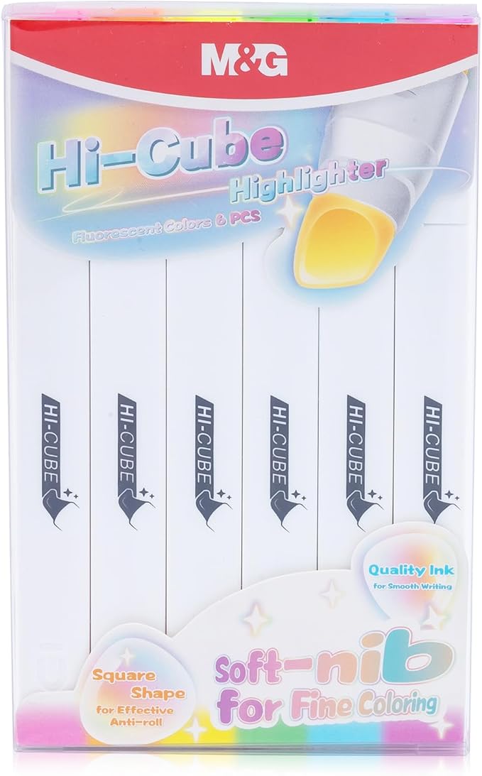 M&G HI-CUBE Highlighters, 6 Pack Fluorescent Colors, Soft-Nib Chisel Tip with Fat Rectangular Barrel Design, No Bleed Highlighters for Journaling, Planners, Study Notes, Writing & School Supplies