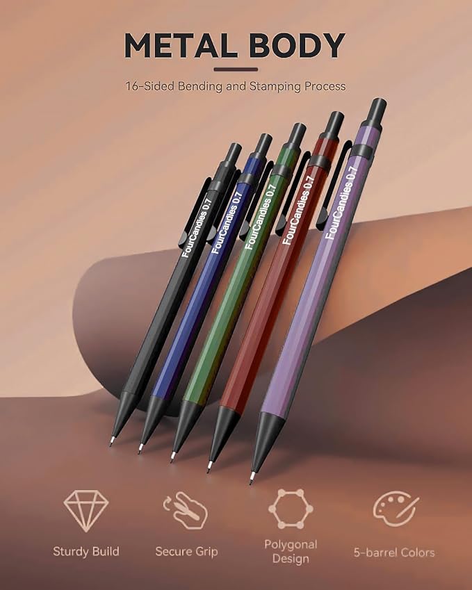 Four Candies Metal Mechanical Pencils 0.7mm, with #2 Pencil Leads 0.7, Eraser Set and Eraser Refills, 19-Count Pack with Case, Back to School Supplies for Writing, Drawing, Sketching