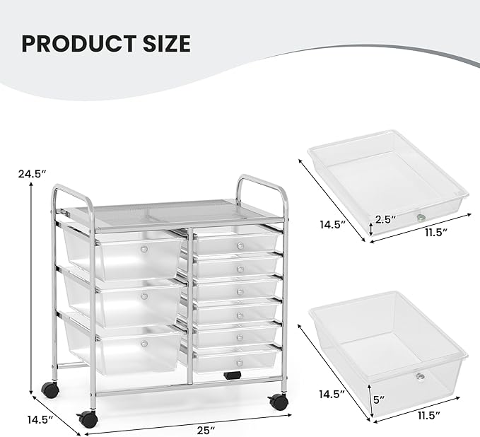 COSTWAY Rolling Storage Cart with 9 Drawer, Mobile Utility Cart with Metal Frame, Art Supply Craft Organizer, Multipurpose Storage Organizer for Paper, Office, School Teacher, Classroom, Transparent