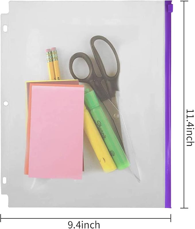 YoeeJob 3 Holes Clear PVC Zipper Binder Pocket Insert Pages Letter Size, 8 1/2"x 11 Loose Leaf Binder Filing Storage Bags 8 Packs(Purple)