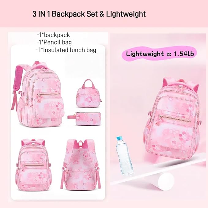 3Pcs Set Backpacks for Girls Teen, Cute Flowers School Bag Girls Bookbags with Lunch Box Pencil Bag, Multi-Pockets Kids Backpack for Elementary & Middle School, Pink