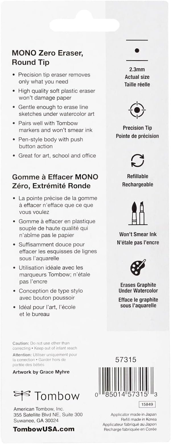 Tombow 57315 MONO Zero Eraser and Refill Value Pack, Round 2.3mm. Precision Tip Pen-Style Eraser with Refill