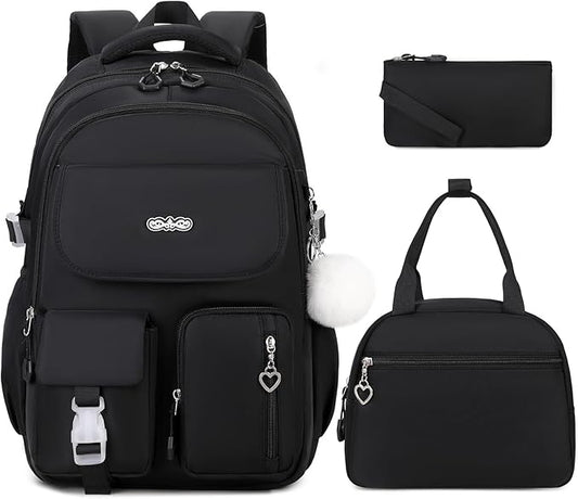 Backpacks for Girls, 3PCS School Backpack with Lunch Box Pencil Pouch for Teen Girls Kids Elementary Primary Middle High College Travel School bag Bookbag Set （Black）