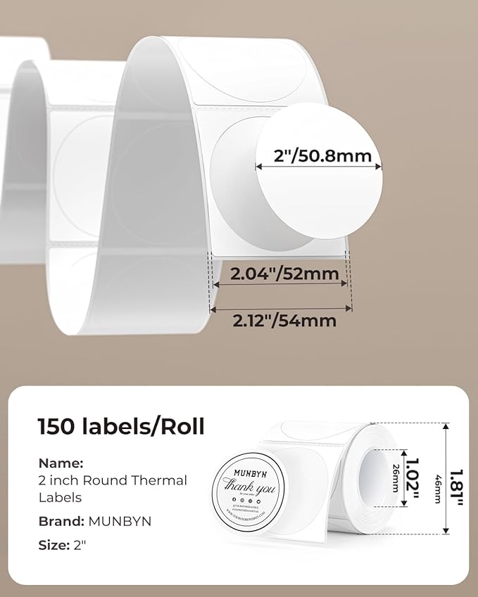 MUNBYN 2 Inch Circle Thermal Sticker Labels, Self-Adhesive Round Direct Thermal Labels for Small Business, 150 Sheets/1 Roll