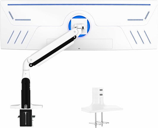 VIVO Premium Tilt Joint Ultrawide Monitor Stand, Fits up to 49 inch Computer Screens, Single Articulating Pneumatic Arm, C-Clamp and Grommet Desk Mount, Max VESA 200x100, White, STAND-V100HW